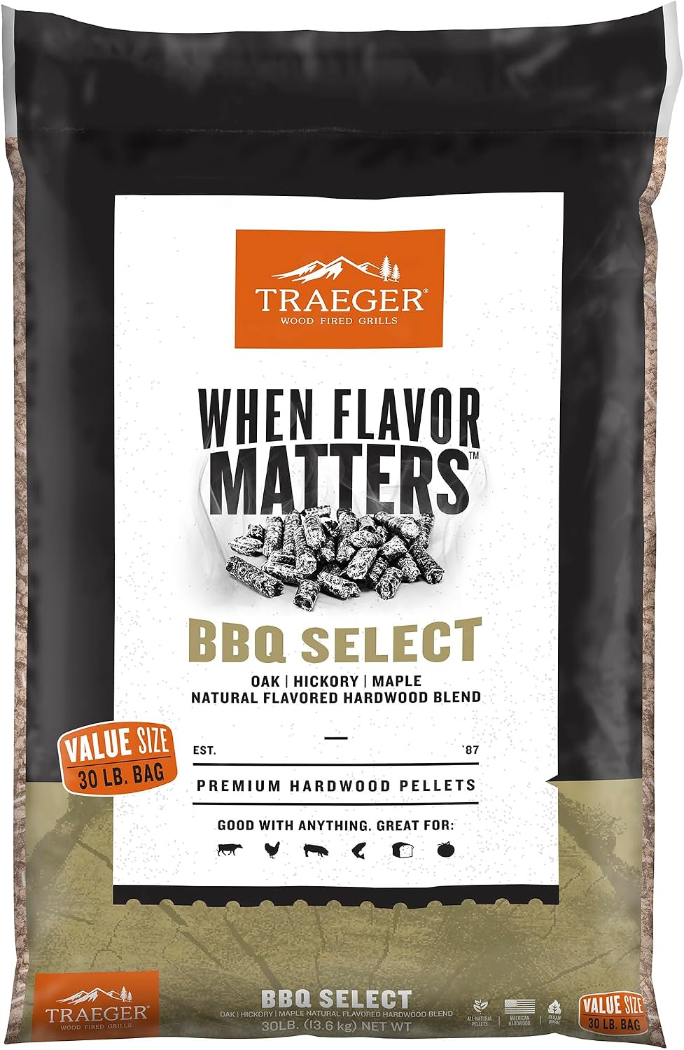Traeger Grills BBQ Select 100% All-Natural Wood Pellets for Smokers and Pellet Grills, BBQ, Bake, Roast, and Grill, 30 lb. Bag