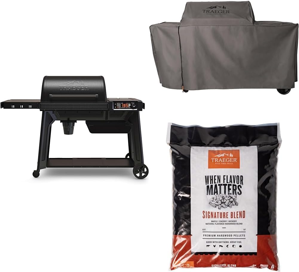Bundle of Traeger Grills Woodridge Pro Wood Pellet Grill and Smoker + BAC776 Full-Length All Weather Grill Cover Accessory + Signature Blend 100% All-Natural Wood Pellets, 18 lb. Bag