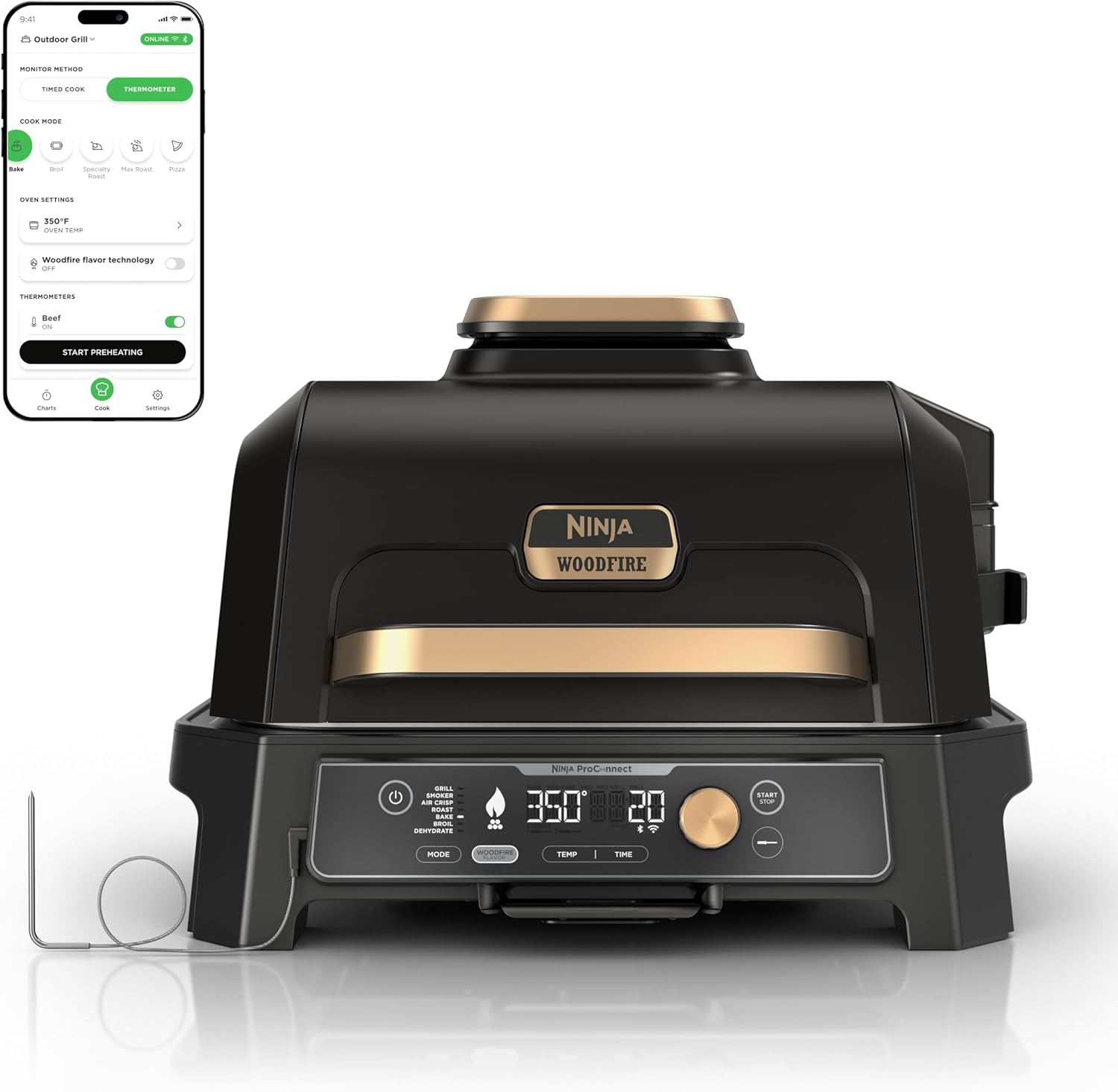 Ninja Woodfire ProConnect Premium XL Outdoor Grill and Smoker, Black and Gold